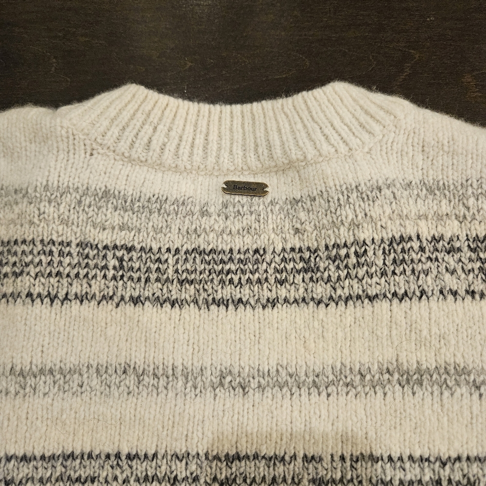 Barbour Ivory Grey Striped Anya Wool Blend Jumper Sweater US12 UK16 Chunky Prep - Picture 9 of 9